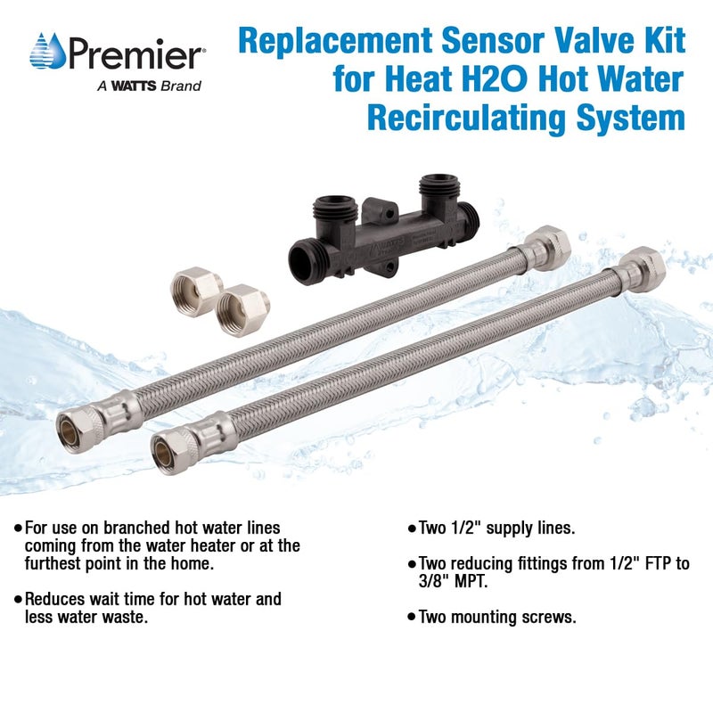 Watts Premier Replacement Sensor Valve Kit for 500800, 500805, HWRS-WH Watts Instant Hot Water Recirculation System, Two 12" Supply Lines, Two Reduced Fittings 1/2" FTP - 3/8" MPT, Two Mounting Screws - Image 3